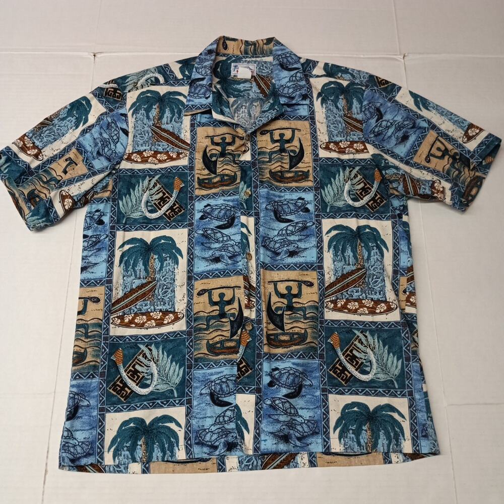 VTG Hawaiian Shirt Blue Fish Palms Surf Men’s‎ Size L USA